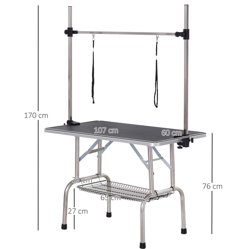 Mesa de Tosquia para Animais de Estimação Mesa de Tosquia para Cães Dobrável com Prateleira de Armazenamento Estrutura de Aço e Altura Ajustável 20-80 cm 107x60x170 cm Preto