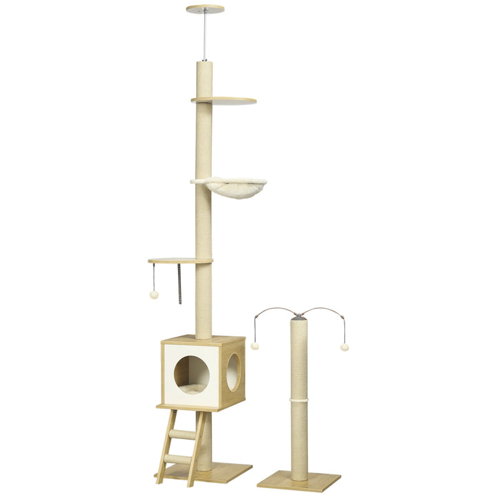 Árvore para Gatos do Chão ao Teto 220-260cm Árvore Arranhador para Gatos com Altura Ajustável Plataformas Rede Caverna Poste de Juta Rampa e Bolas Suspensas 40x40225-285cm Bege