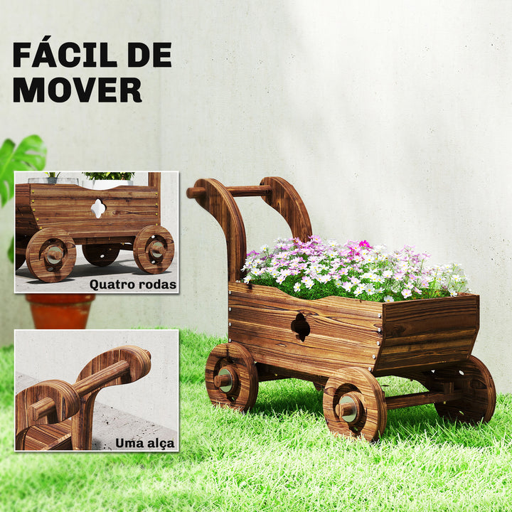 Carrinho de Madeira Decorativo Vaso Elevado com 4 Rodas Pega Orifícios de Drenagem Vaso Exterior para Plantas e Flores 68x38x52 cm Carbonizado