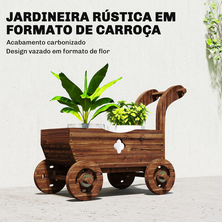 Carrinho de Madeira Decorativo Vaso Elevado com 4 Rodas Pega Orifícios de Drenagem Vaso Exterior para Plantas e Flores 68x38x52 cm Carbonizado