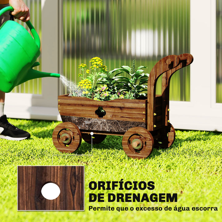 Carrinho de Madeira Decorativo Vaso Elevado com 4 Rodas Pega Orifícios de Drenagem Vaso Exterior para Plantas e Flores 68x38x52 cm Carbonizado