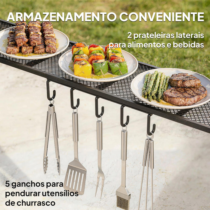 Toldo para Jardim 2,4 x 1,5 m Estrutura de Aço com 2 Prateleiras Laterais Telhado Resistente às Intempéries Ganchos para Jardim Terraço Exterior Camping e BBQ Cinzento Escuro
