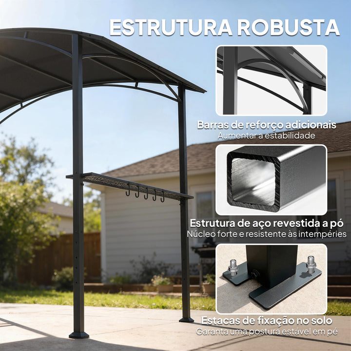 Toldo para Jardim 2,4 x 1,5 m Estrutura de Aço com 2 Prateleiras Laterais Telhado Resistente às Intempéries Ganchos para Jardim Terraço Exterior Camping e BBQ Cinzento Escuro