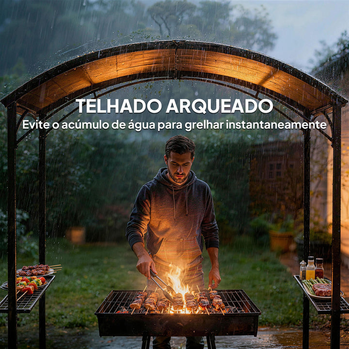 Toldo para Jardim 2,4 x 1,5 m Estrutura de Aço com 2 Prateleiras Laterais Telhado Resistente às Intempéries Ganchos para Jardim Terraço Exterior Camping e BBQ Cinzento Escuro