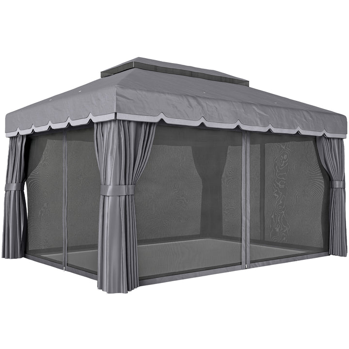 Pérgola de Jardim 390x290x270 cm Pérgola de Alumínio com Teto com Ventilação 4 Cortinas Laterais 4 Telas Mosquiteiras e 8 Orifícios de Drenagem para Festas Eventos Exterior Cinza