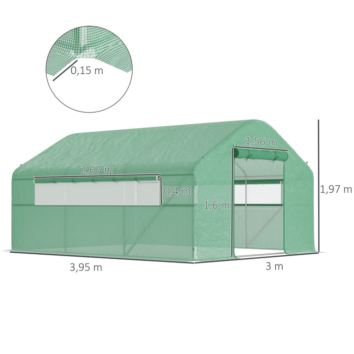 Estufa tipo Túnel 4x3x2 m Estufa de Exterior com 2 Janelas Cobertura PE Anti UV e 1 Porta de Enrolar com Fecho de Correr Estufa para Jardim Pátio Verde