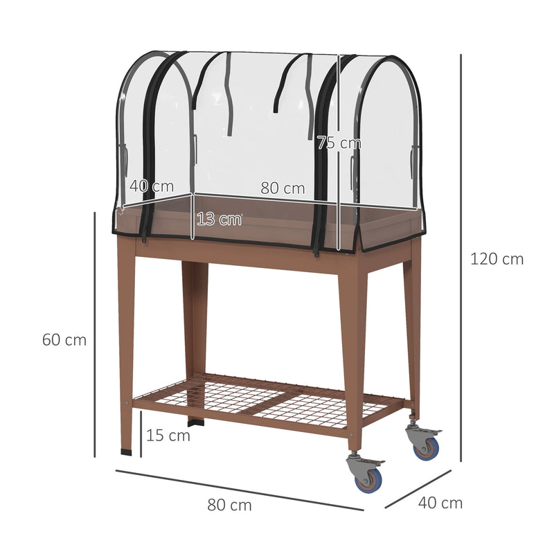 Mesa de Cultivo com Rodas 80x40x120 cm Horta Urbana Elevada com Cobertura de Estufa e Prateleira Inferior para Cultivar Plantas Flores e Vegetais Marróm