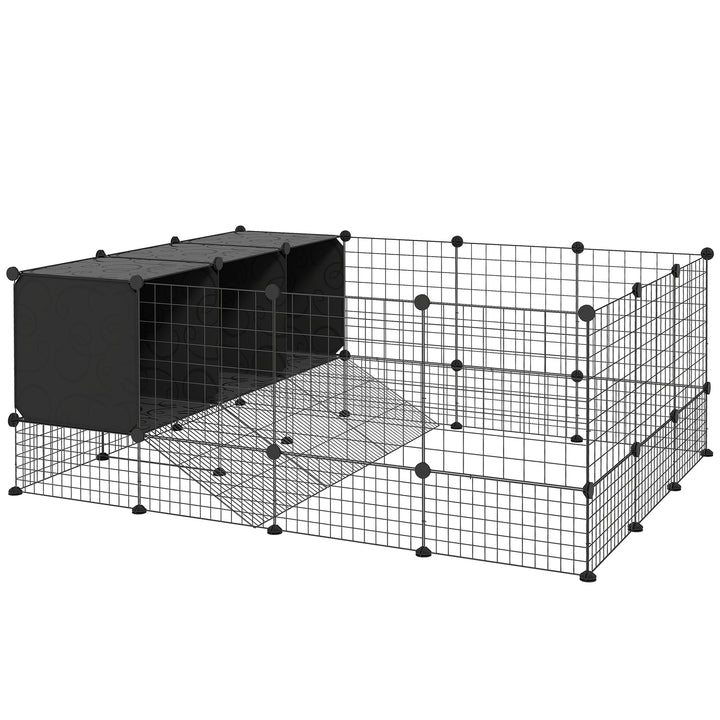 Recinto para Pequenos Animais Modular Parque para Coelhos com 39 Painéis 3 Abrigos para Cobaias Coelhos-da-Índia Preto