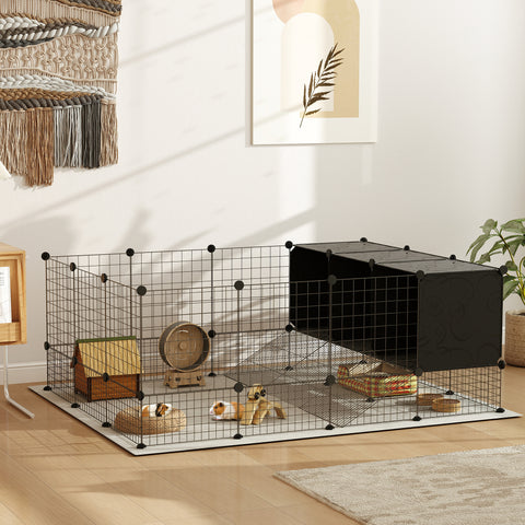 Recinto para Pequenos Animais Modular Parque para Coelhos com 39 Painéis 3 Abrigos para Cobaias Coelhos-da-Índia Preto