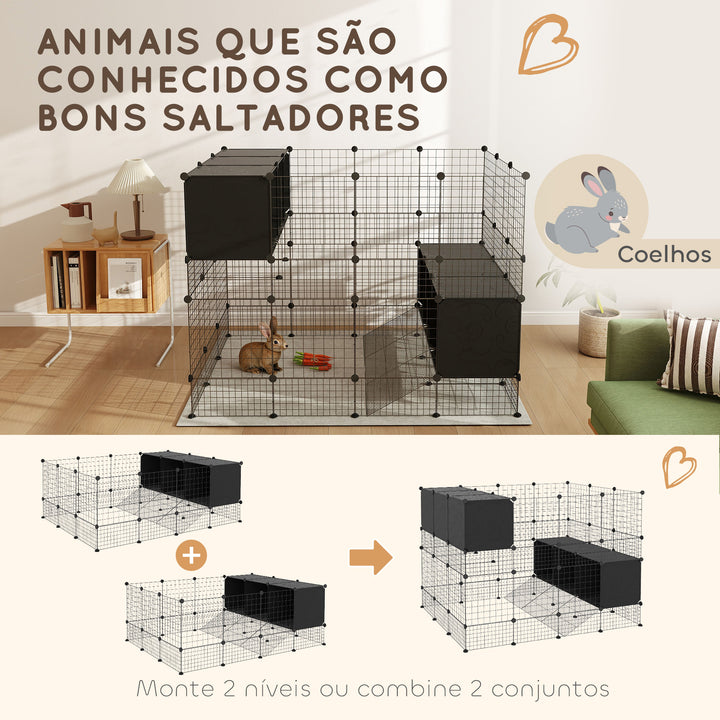 Recinto para Pequenos Animais Modular Parque para Coelhos com 39 Painéis 3 Abrigos para Cobaias Coelhos-da-Índia Preto