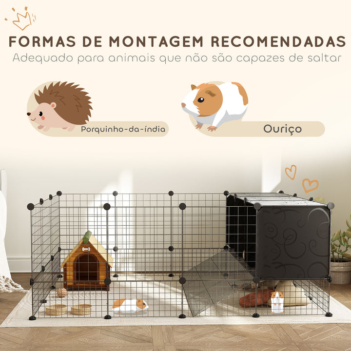 Recinto para Pequenos Animais Modular Parque para Coelhos com 39 Painéis 3 Abrigos para Cobaias Coelhos-da-Índia Preto
