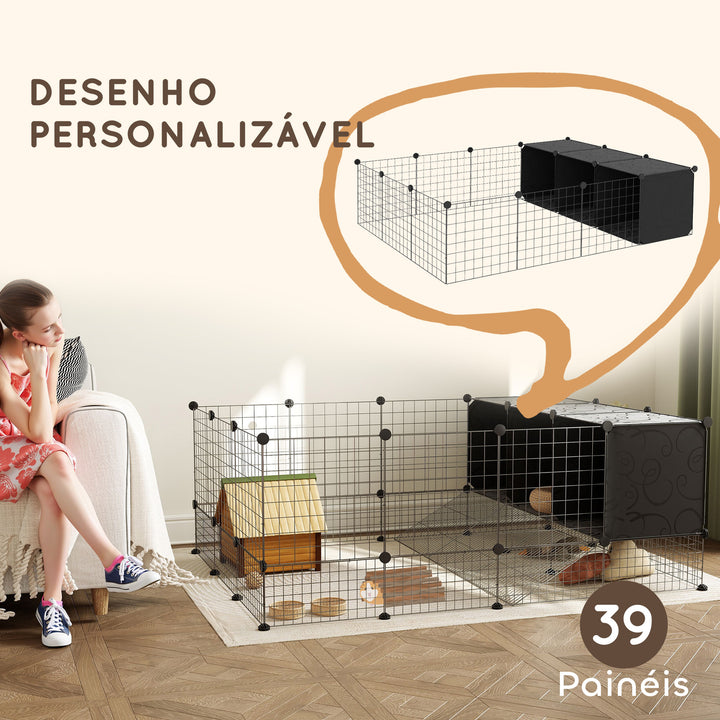 Recinto para Pequenos Animais Modular Parque para Coelhos com 39 Painéis 3 Abrigos para Cobaias Coelhos-da-Índia Preto