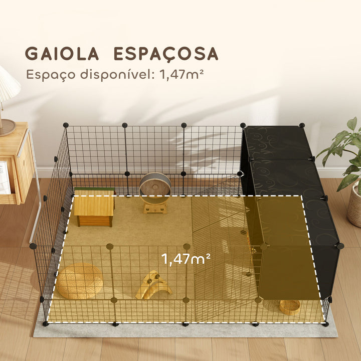 Recinto para Pequenos Animais Modular Parque para Coelhos com 39 Painéis 3 Abrigos para Cobaias Coelhos-da-Índia Preto