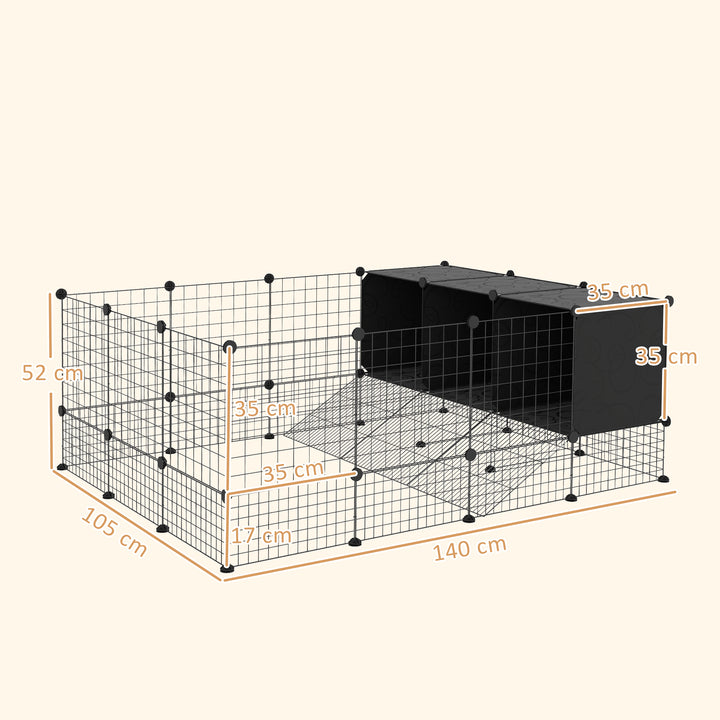 Recinto para Pequenos Animais Modular Parque para Coelhos com 39 Painéis 3 Abrigos para Cobaias Coelhos-da-Índia Preto
