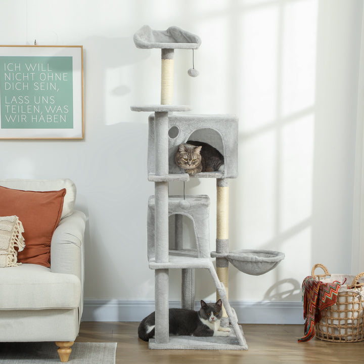 Arranhador para Gatos 160 cm Torre de Escalada com Múltiplas Plataformas Cama 2 Cavernas Rede Escada Postes de Sisal Bolas para Brincar Cinzento Claro
