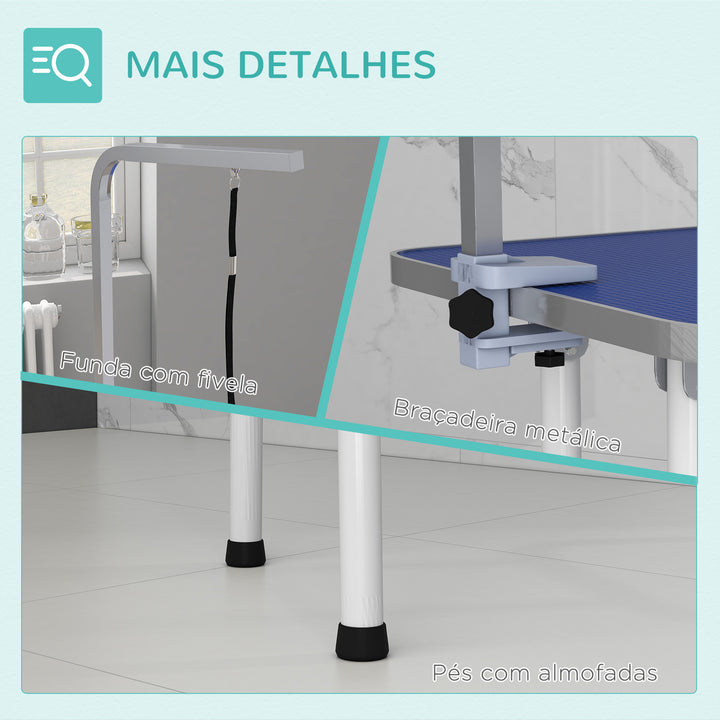 Mesa de Tosquia para Cães Dobrável com Braço Ajustável entre 60-104 cm e Bancada de Borracha Antiderrapante 81x48,5x80 cm Azul