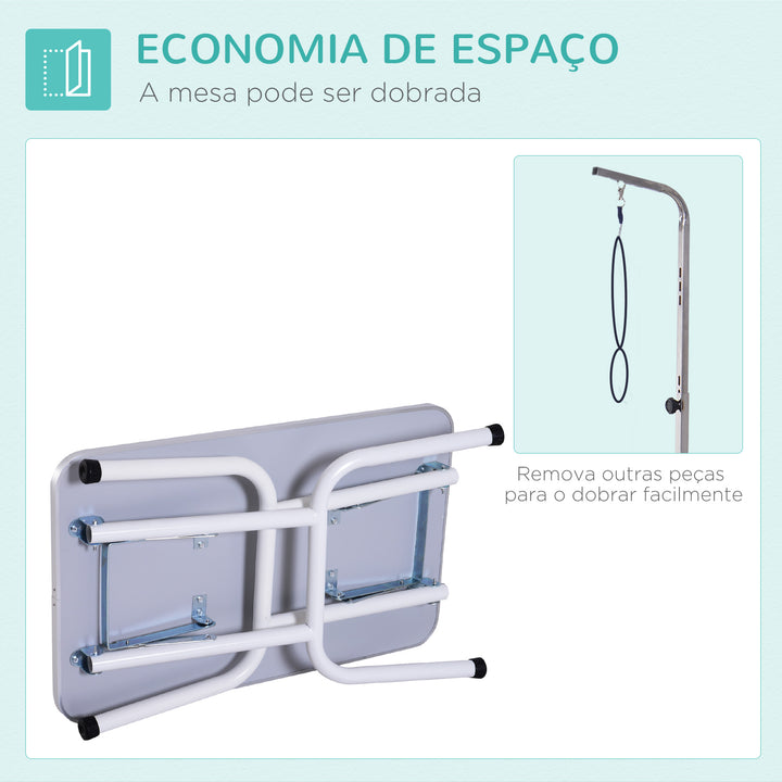 Mesa de Tosquia para Cães Dobrável com Braço Ajustável entre 60-104 cm e Bancada de Borracha Antiderrapante 81x48,5x80 cm Azul