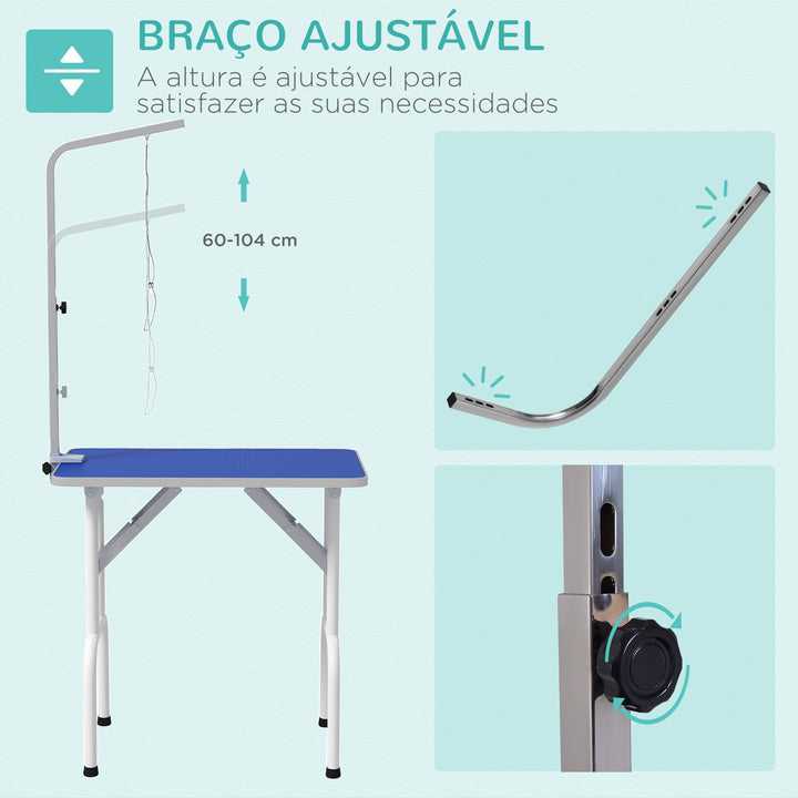 Mesa de Tosquia para Cães Dobrável com Braço Ajustável entre 60-104 cm e Bancada de Borracha Antiderrapante 81x48,5x80 cm Azul