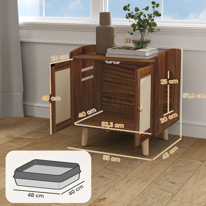 Móvel Caixa de Areia para Gatos Caixa de Areia para Gatos Mesa Auxiliar com Portas e Tapetes de Sisal Pés de Madeira para Sala Quarto 55x43x59,6 cm Castanho Rústico