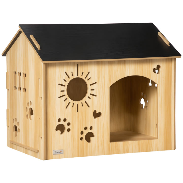Casa de Madeira para Cães Pequenos Casa para Animais de Estimação com Porta Dianteira Desenhos em Forma de Sol Coração Pata 69x50x58,5cm Madeira e Preto