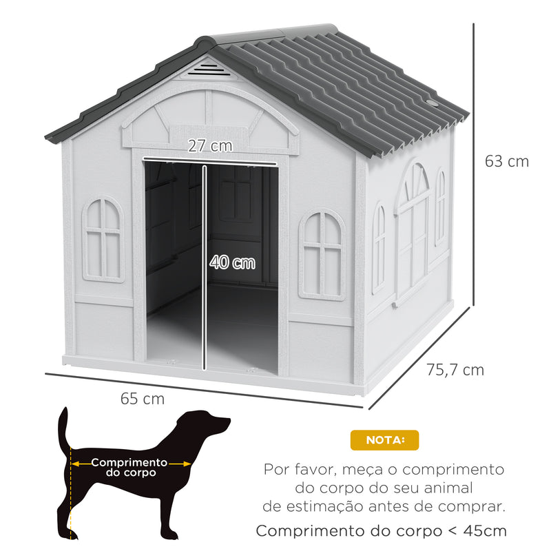 Casa para Cães 65x75,7x63 cm Casa para Cães com Janelas e Teto com Telhas de Imitação para Cães Médios Cinza e Branco