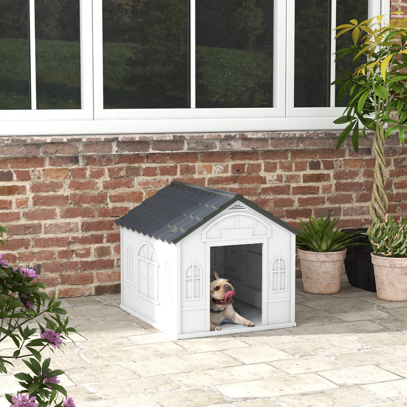 Casa para Cães 65x75,7x63 cm Casa para Cães com Janelas e Teto com Telhas de Imitação para Cães Médios Cinza e Branco