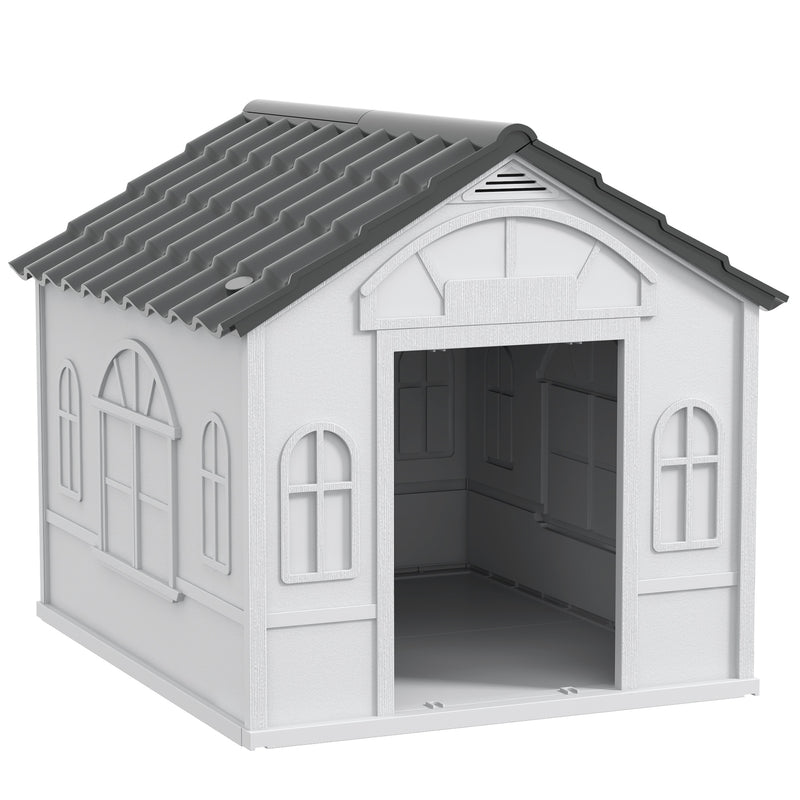 Casa para Cães 65x75,7x63 cm Casa para Cães com Janelas e Teto com Telhas de Imitação para Cães Médios Cinza e Branco