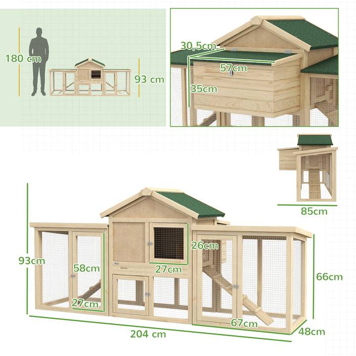 Gallinero Grande de Madera 204x85x93 cm Jaula para 2-4 Gallinas Gallinero con Nido Bandeja Extraíble Techo de Asfalto y Rampa para Exterior Natural