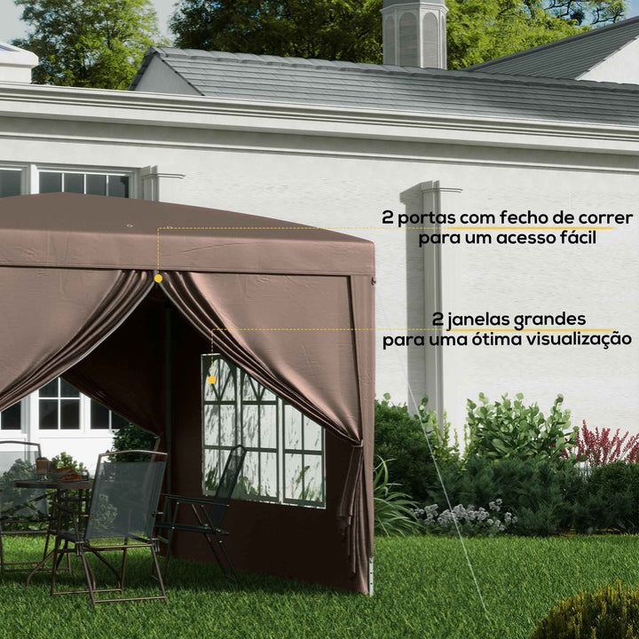 Tenda de Jardim com Paredes Laterais Amovíveis Janelas Porta com Fecho de Correr e Bolsa de Transporte 295x295x196-258 cm Café
