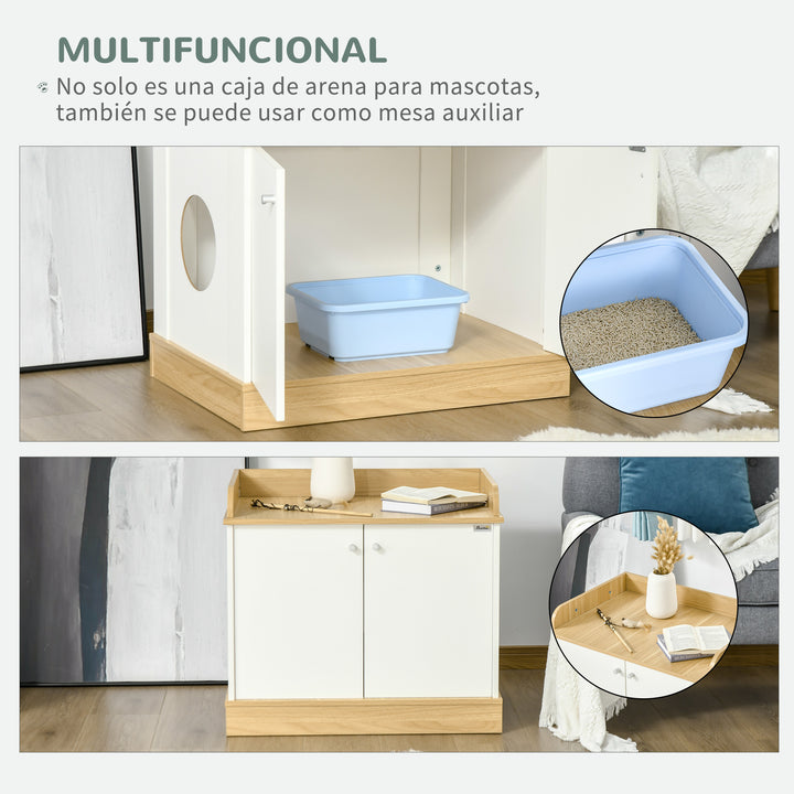 Casa para Gatos de Madeira Móvel Caixa de Areia para Gatos 2 em 1 com Bancada de Armazenamento Dupla Porta e Orifício de Entrada Lateral 75x53x67cm Branco e Carvalho