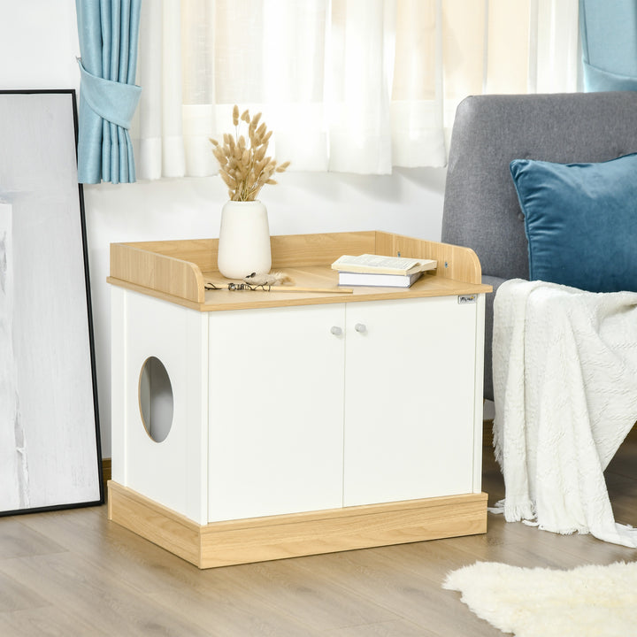 Casa para Gatos de Madeira Móvel Caixa de Areia para Gatos 2 em 1 com Bancada de Armazenamento Dupla Porta e Orifício de Entrada Lateral 75x53x67cm Branco e Carvalho