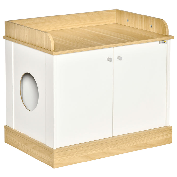 Casa para Gatos de Madeira Móvel Caixa de Areia para Gatos 2 em 1 com Bancada de Armazenamento Dupla Porta e Orifício de Entrada Lateral 75x53x67cm Branco e Carvalho