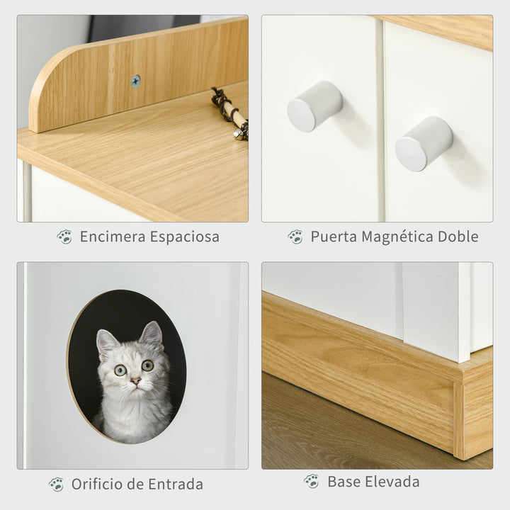 Casa para Gatos de Madeira Móvel Caixa de Areia para Gatos 2 em 1 com Bancada de Armazenamento Dupla Porta e Orifício de Entrada Lateral 75x53x67cm Branco e Carvalho