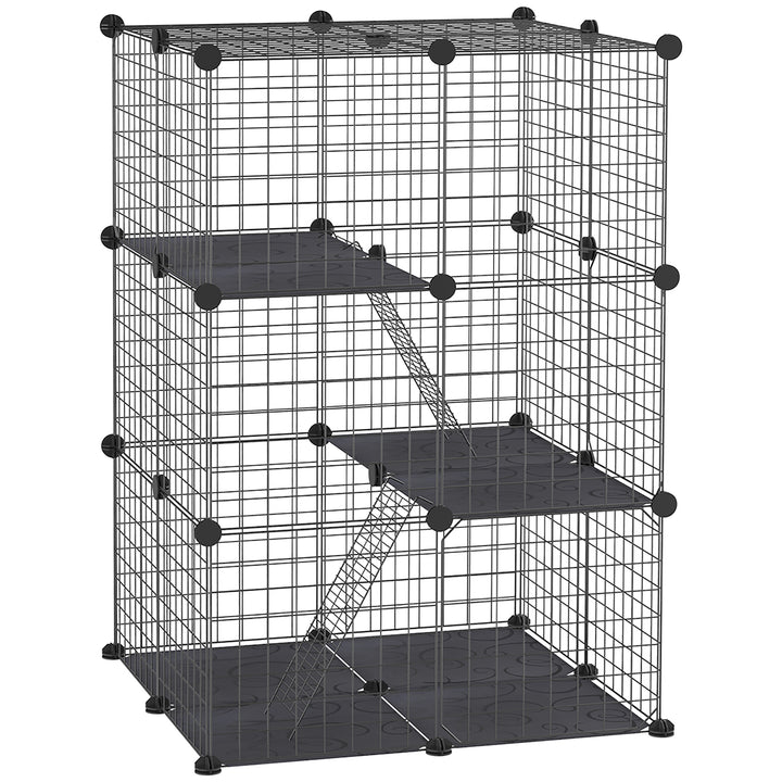 Recinto para Animais de Estimação de 3 Níveis Parque para Animais de Estimação com Rampas e Desenho Personalizável para Cobaias Chinchilas 70x70x105 cm Preto
