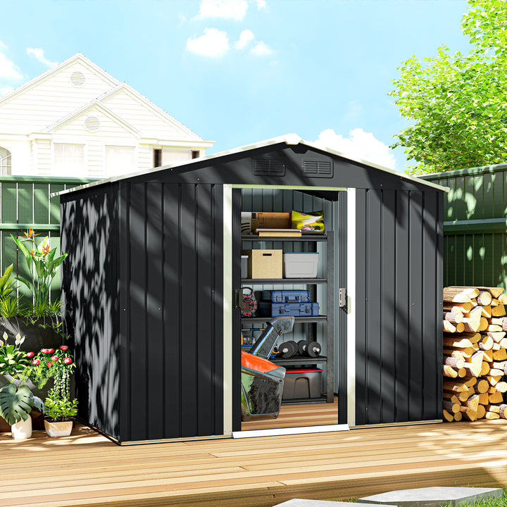 Abrigo de Jardim de 4,1 m² 236x174x190 cm Abrigo de Exterior para Armazenamento de Ferramentas com Portas de Correr e 4 Janelas de Ventilação para Pátio Cinza