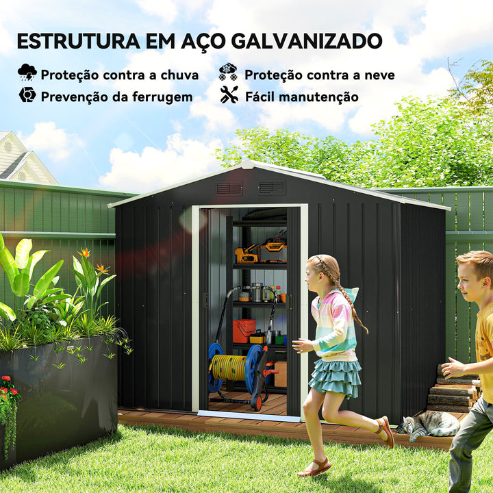 Abrigo de Jardim de 4,1 m² 236x174x190 cm Abrigo de Exterior para Armazenamento de Ferramentas com Portas de Correr e 4 Janelas de Ventilação para Pátio Cinza