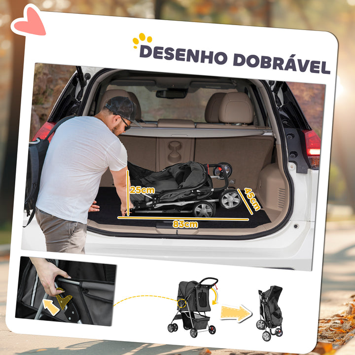 Carrinho de Passeio para Animais de Estimação Carrinho para Cães e Gatos Dobrável com Capô Ajustável Cesta de Armazenamento Suporte para Copos e Travão 75x45x97 cm Cinza