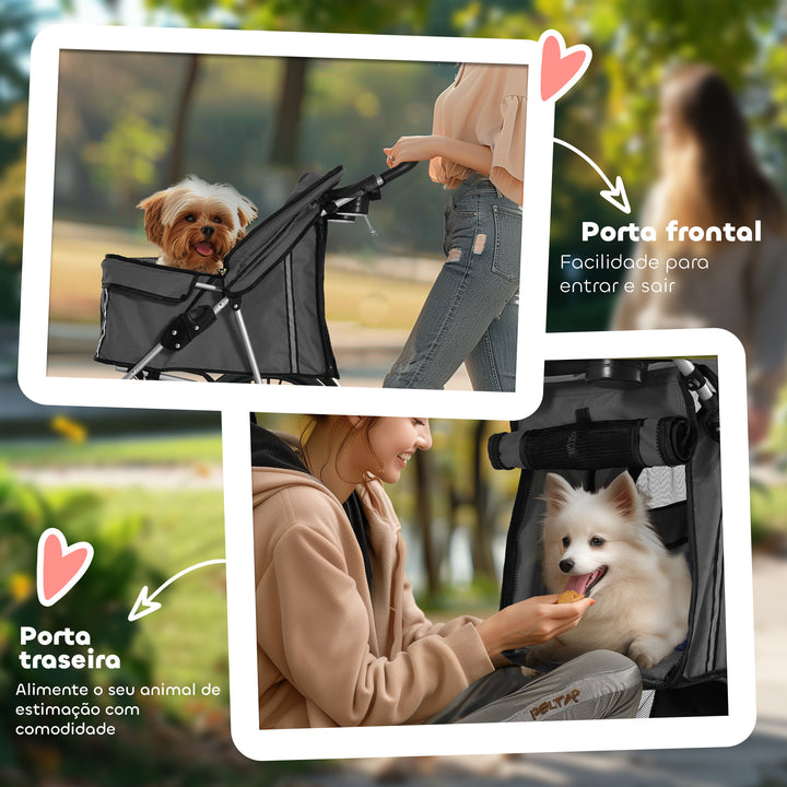 Carrinho de Passeio para Animais de Estimação Carrinho para Cães e Gatos Dobrável com Capô Ajustável Cesta de Armazenamento Suporte para Copos e Travão 75x45x97 cm Cinza