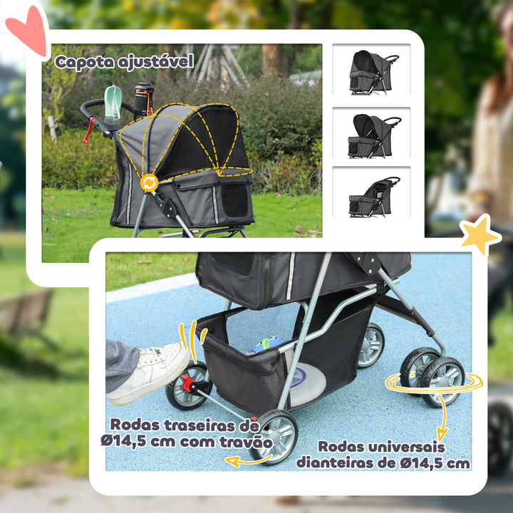 Carrinho de Passeio para Animais de Estimação Carrinho para Cães e Gatos Dobrável com Capô Ajustável Cesta de Armazenamento Suporte para Copos e Travão 75x45x97 cm Cinza