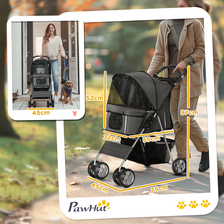 Carrinho de Passeio para Animais de Estimação Carrinho para Cães e Gatos Dobrável com Capô Ajustável Cesta de Armazenamento Suporte para Copos e Travão 75x45x97 cm Cinza