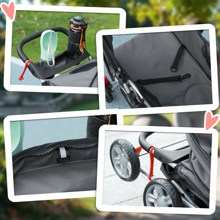 Carrinho de Passeio para Animais de Estimação Carrinho para Cães e Gatos Dobrável com Capô Ajustável Cesta de Armazenamento Suporte para Copos e Travão 75x45x97 cm Cinza