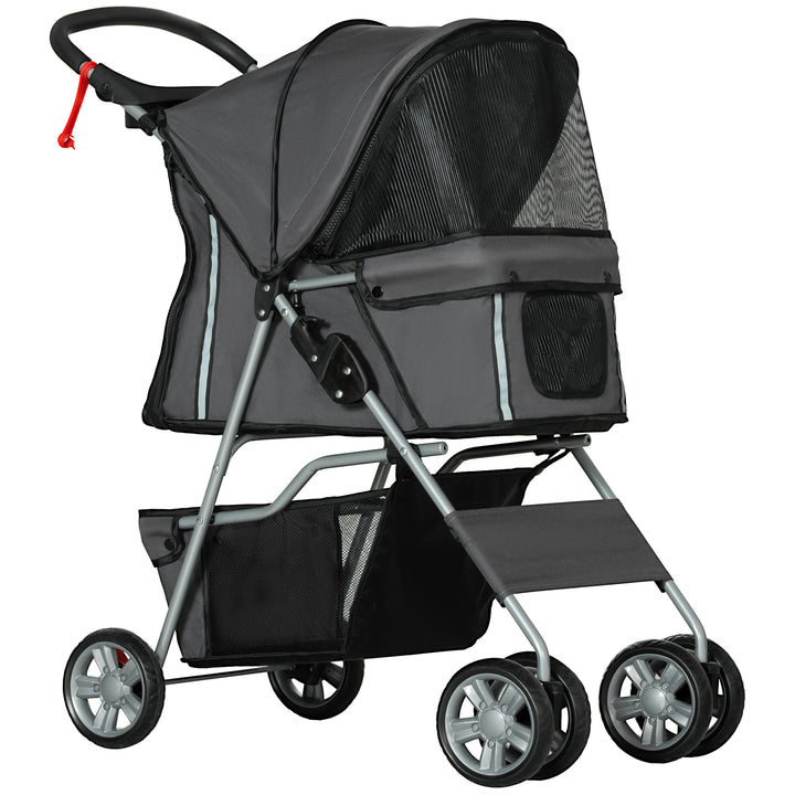 Carrinho de Passeio para Animais de Estimação Carrinho para Cães e Gatos Dobrável com Capô Ajustável Cesta de Armazenamento Suporte para Copos e Travão 75x45x97 cm Cinza