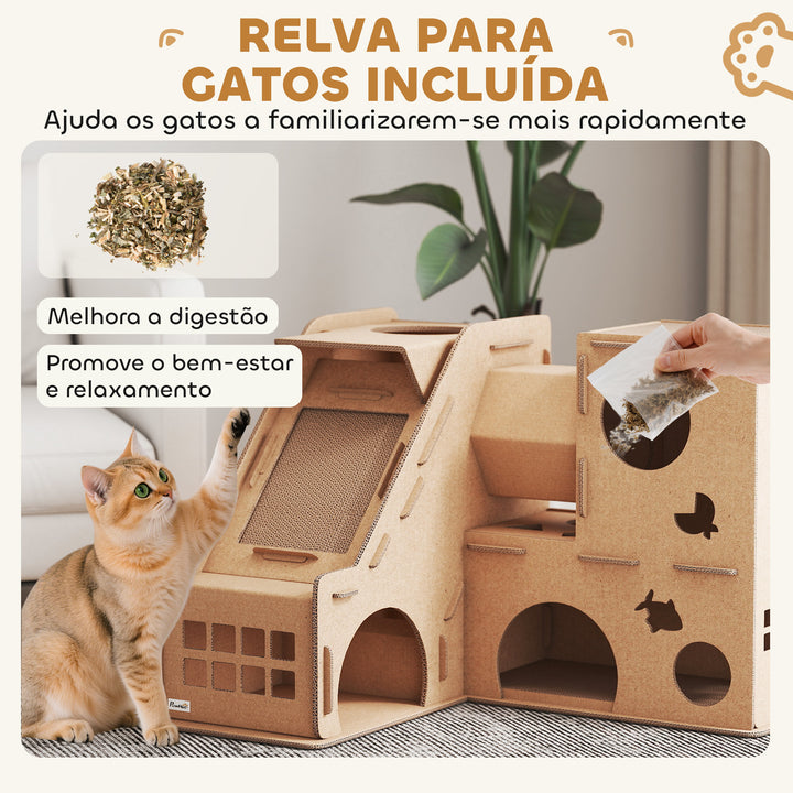 Casa para Gatos de Cartão Forma de Castelo Arranhador para Gatos de 2 Níveis com 3 Zonas de Arranhar Túnel, Rampa Inclui Erva para Interior 78x66x57 cm Castanho