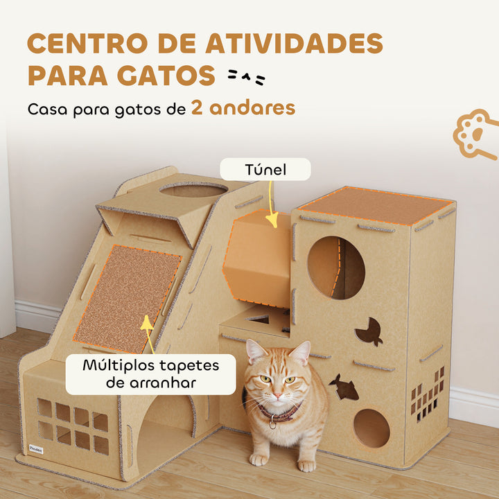 Casa para Gatos de Cartão Forma de Castelo Arranhador para Gatos de 2 Níveis com 3 Zonas de Arranhar Túnel, Rampa Inclui Erva para Interior 78x66x57 cm Castanho
