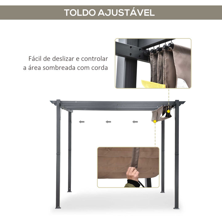Pérgola de Jardim 3x3 m com Toldo de Poliéster Retrátil e Estrutura de Alumínio para Exterior Pátio Cinza e Marrom