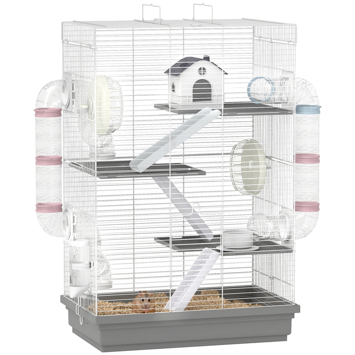 Gaiola para Hámster 47x30x70 cm Casa para Animais Pequenos com Túnel Plataformas Tigela Bebedouro Casinha Rampas e Roda de Exercício para Hámsters Anões Gerbos Cinzento
