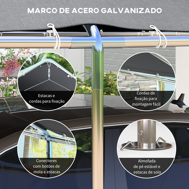 Tenda de Garagem 294x595x260 cm Tenda de Garagem para Carros Impermeável com Toldo de Tecido PE e Estrutura de Aço Galvanizado Tenda para Jardim Pátio Cinza