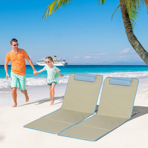 Conjunto de 2 Esteiras de Praia Dobráveis 124x53x50cm com Encosto Ajustável e Apoio para a Cabeça Esteira de Praia Tecido Oxford Aço com Bolsa de Transporte Bege e Azul
