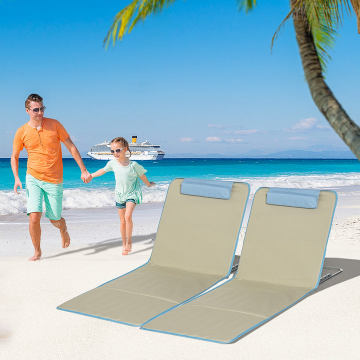 Conjunto de 2 Esteiras de Praia Dobráveis 124x53x50cm com Encosto Ajustável e Apoio para a Cabeça Esteira de Praia Tecido Oxford Aço com Bolsa de Transporte Bege e Azul