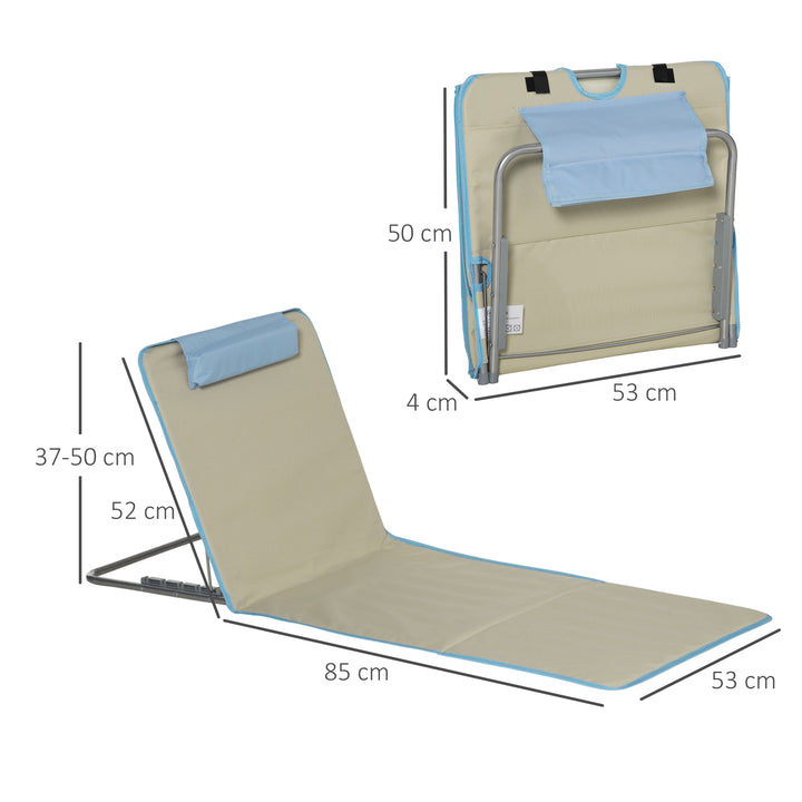 Conjunto de 2 Esteiras de Praia Dobráveis 124x53x50cm com Encosto Ajustável e Apoio para a Cabeça Esteira de Praia Tecido Oxford Aço com Bolsa de Transporte Bege e Azul